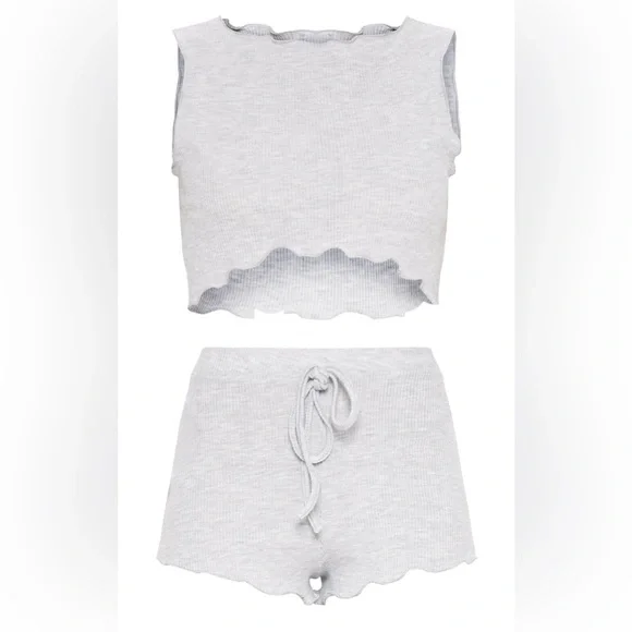 Grey Ribbed Frill Edge Short PJ Set🩶 - Picture 5 of 7